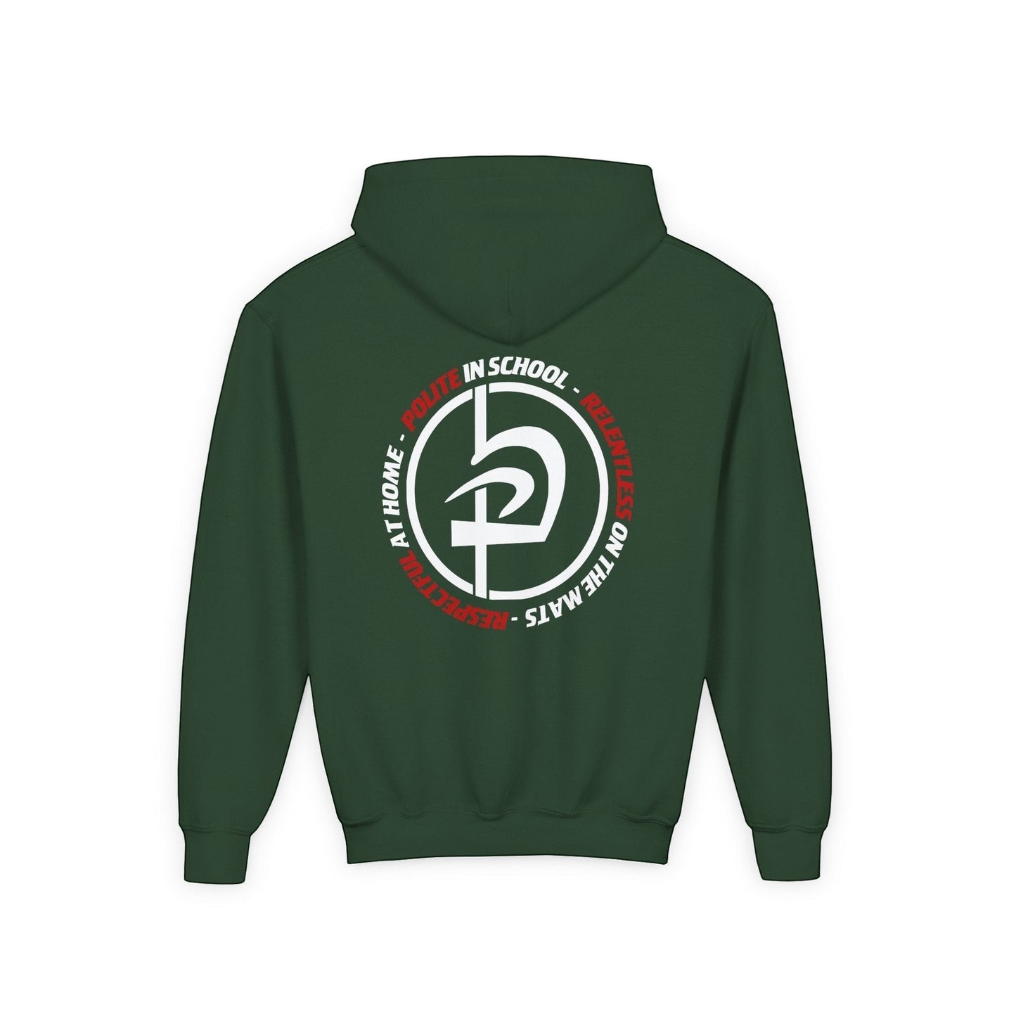 Immortal Krav Maga youth hoodie in dark green, featuring a circular graphic with 'Polite in School, Respectful at Home, Relentless on the Mats' and a stylized logo.