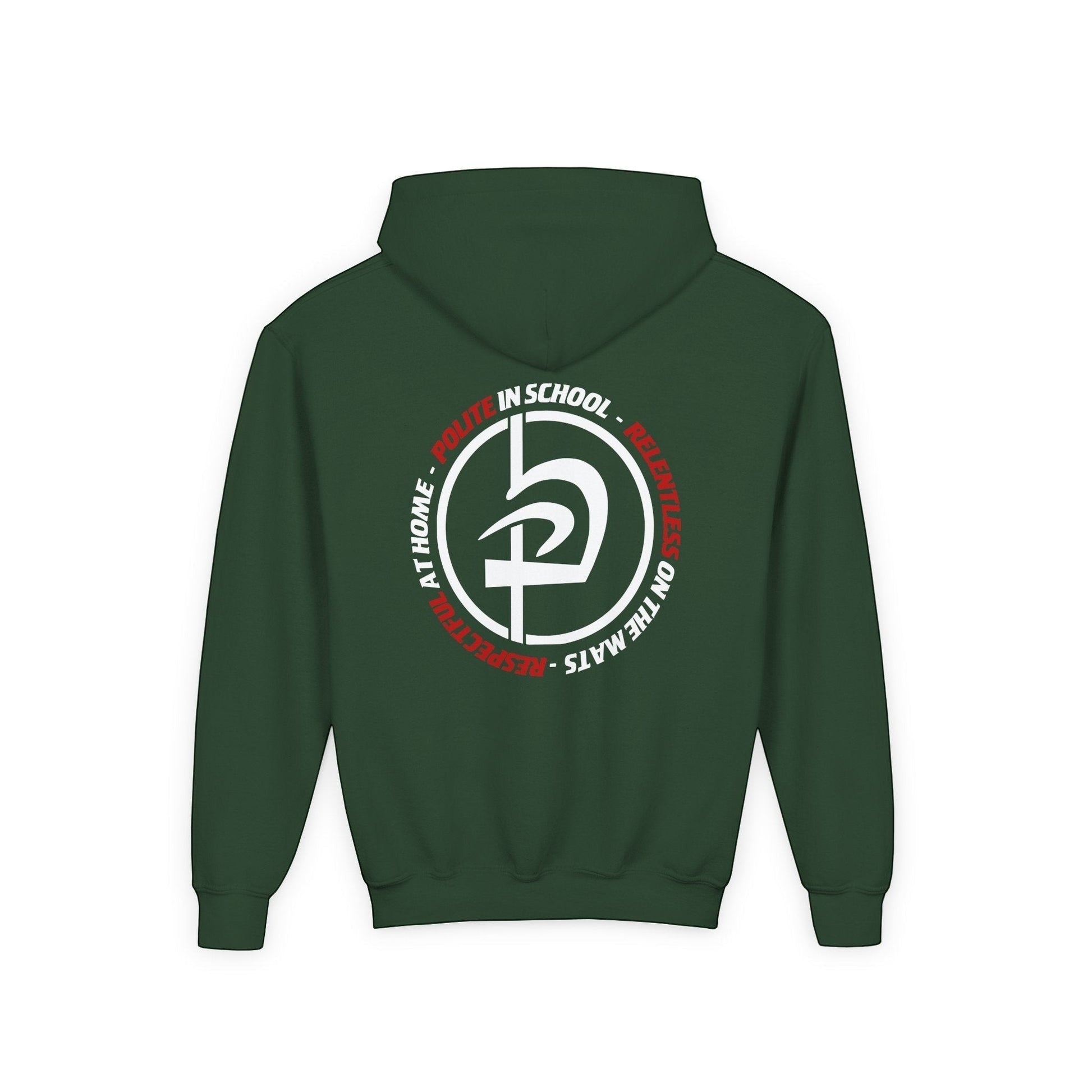 Immortal Krav Maga youth hoodie in dark green, featuring a circular graphic with 'Polite in School, Respectful at Home, Relentless on the Mats' and a stylized logo.
