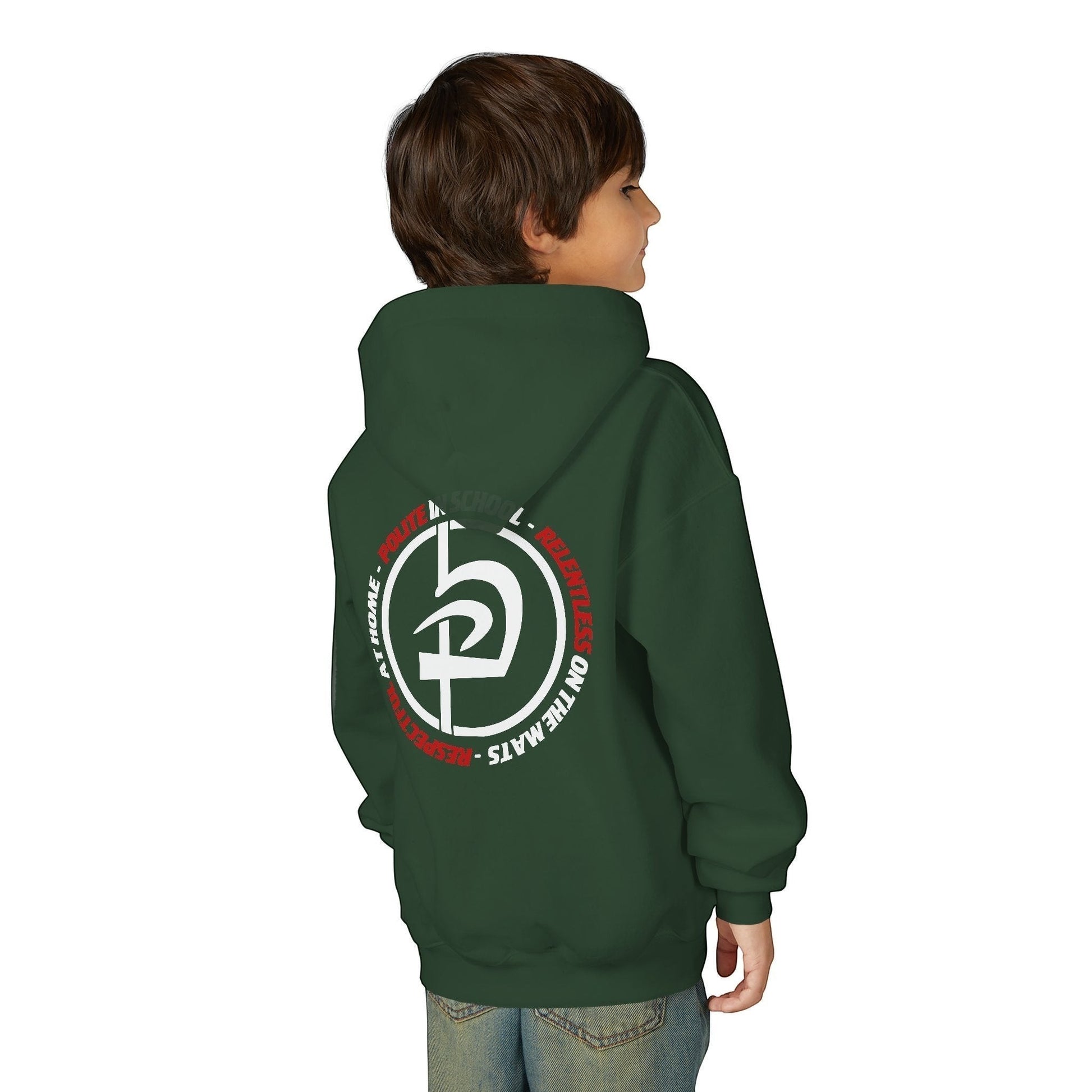 Immortal Krav Maga youth dark green 50/50 cotton-poly hoodie with 'Polite Respectful Relentless' graphic on back.