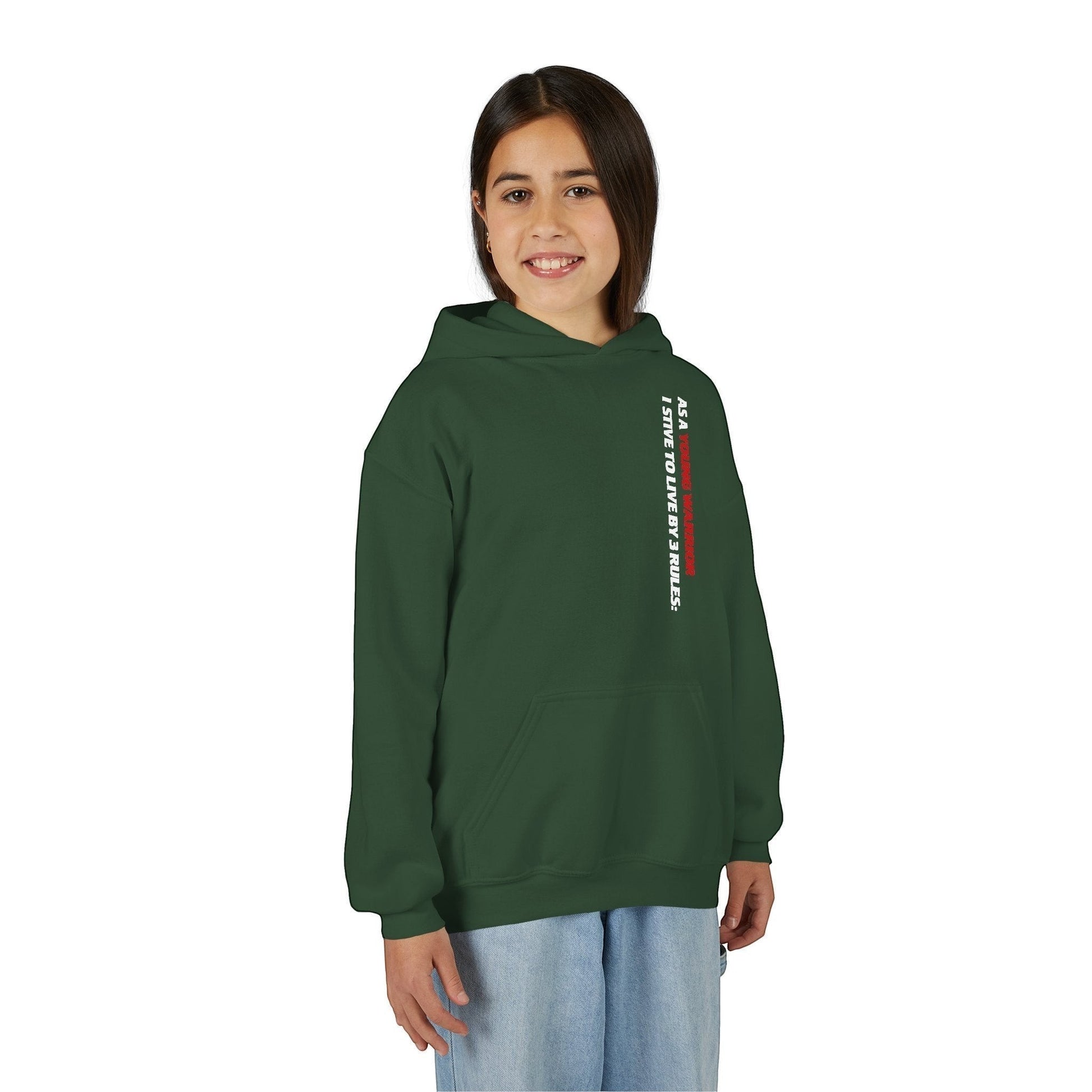 Immortal Krav Maga youth green cotton-poly hoodie with 'Polite Respectful Relentless' text on the side.