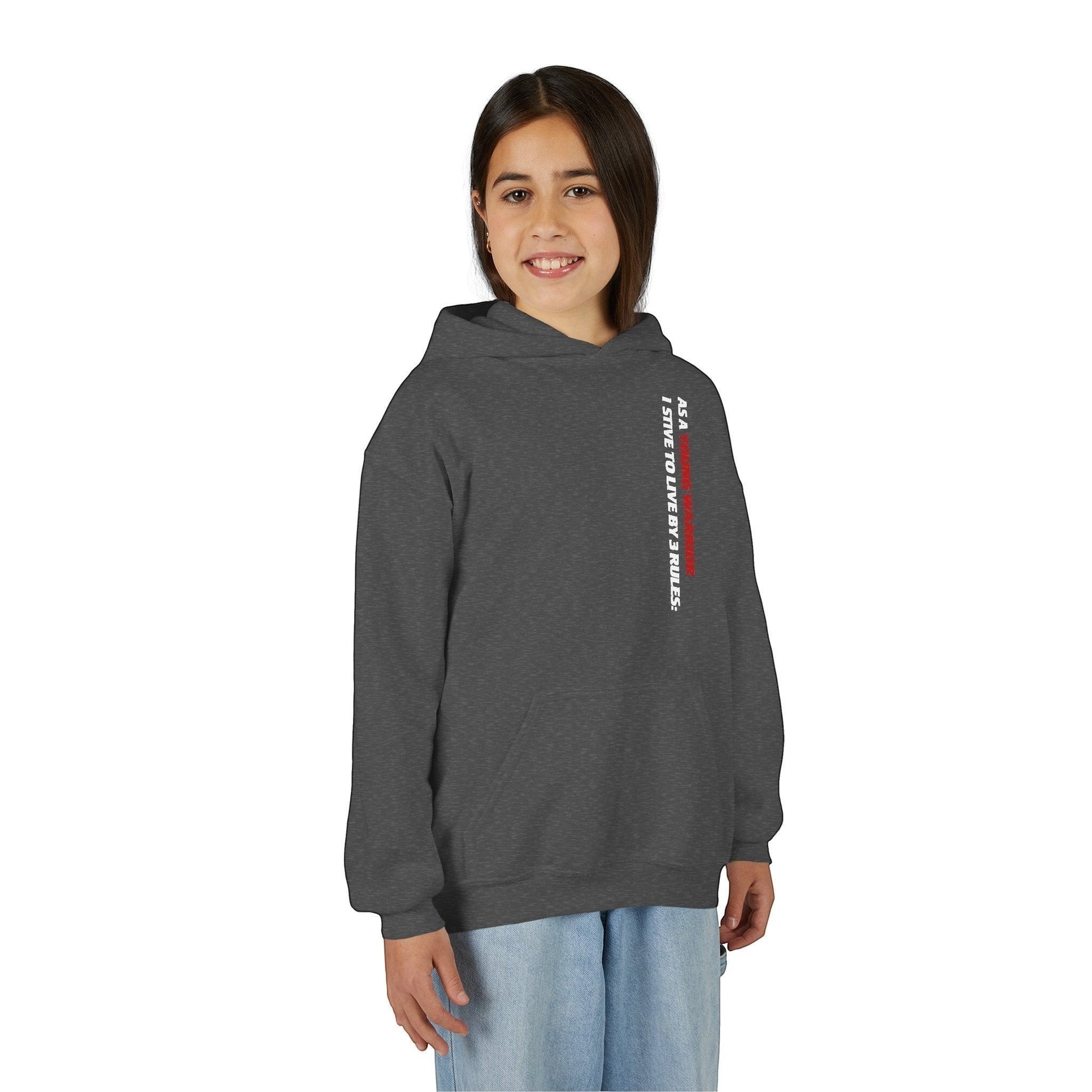 Immortal Krav Maga youth dark grey 50/50 cotton-poly hoodie with 'Polite Respectful Relentless' text on back.