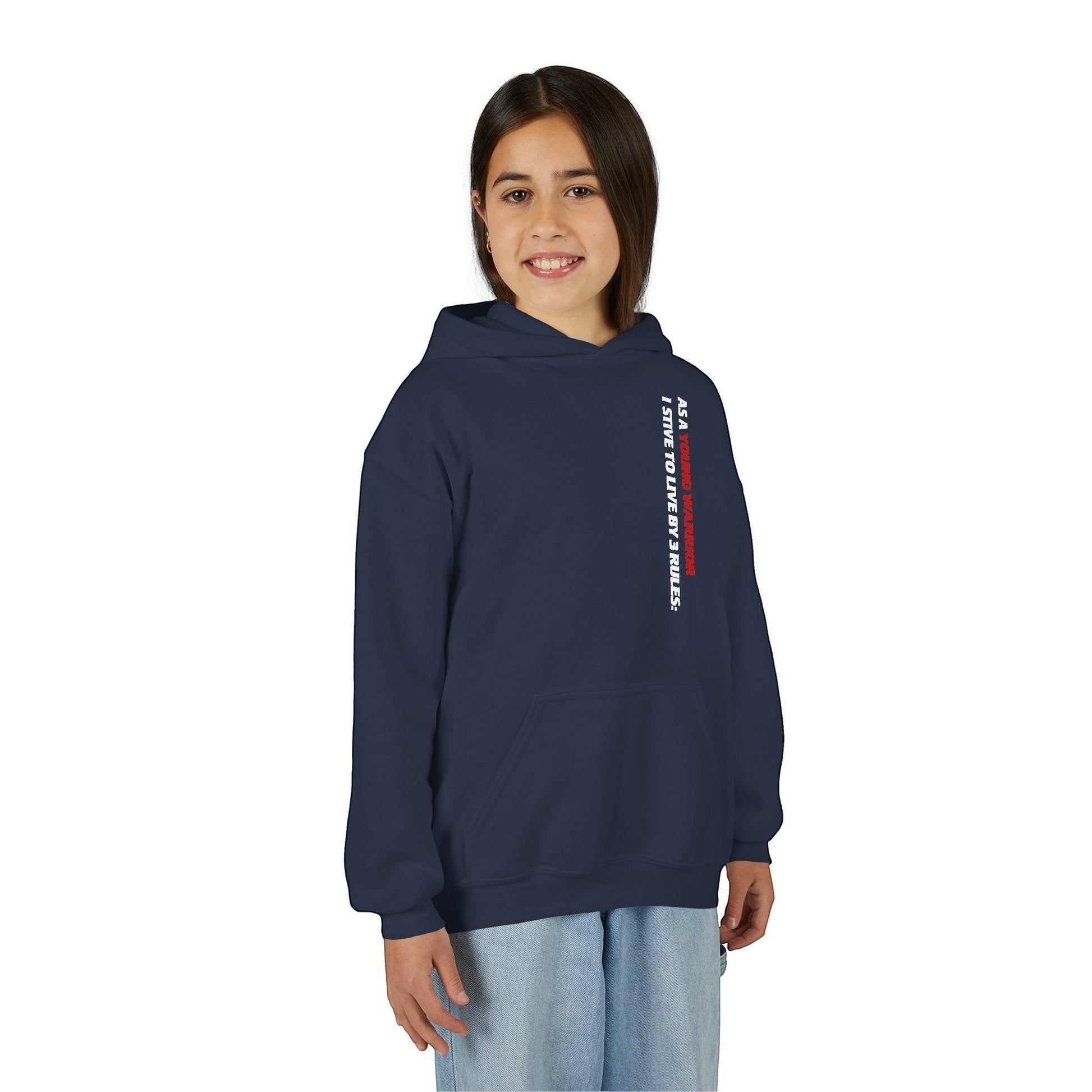 Immortal Krav Maga youth navy blue cotton-poly hoodie with 'Polite Respectful Relentless' text on the back.