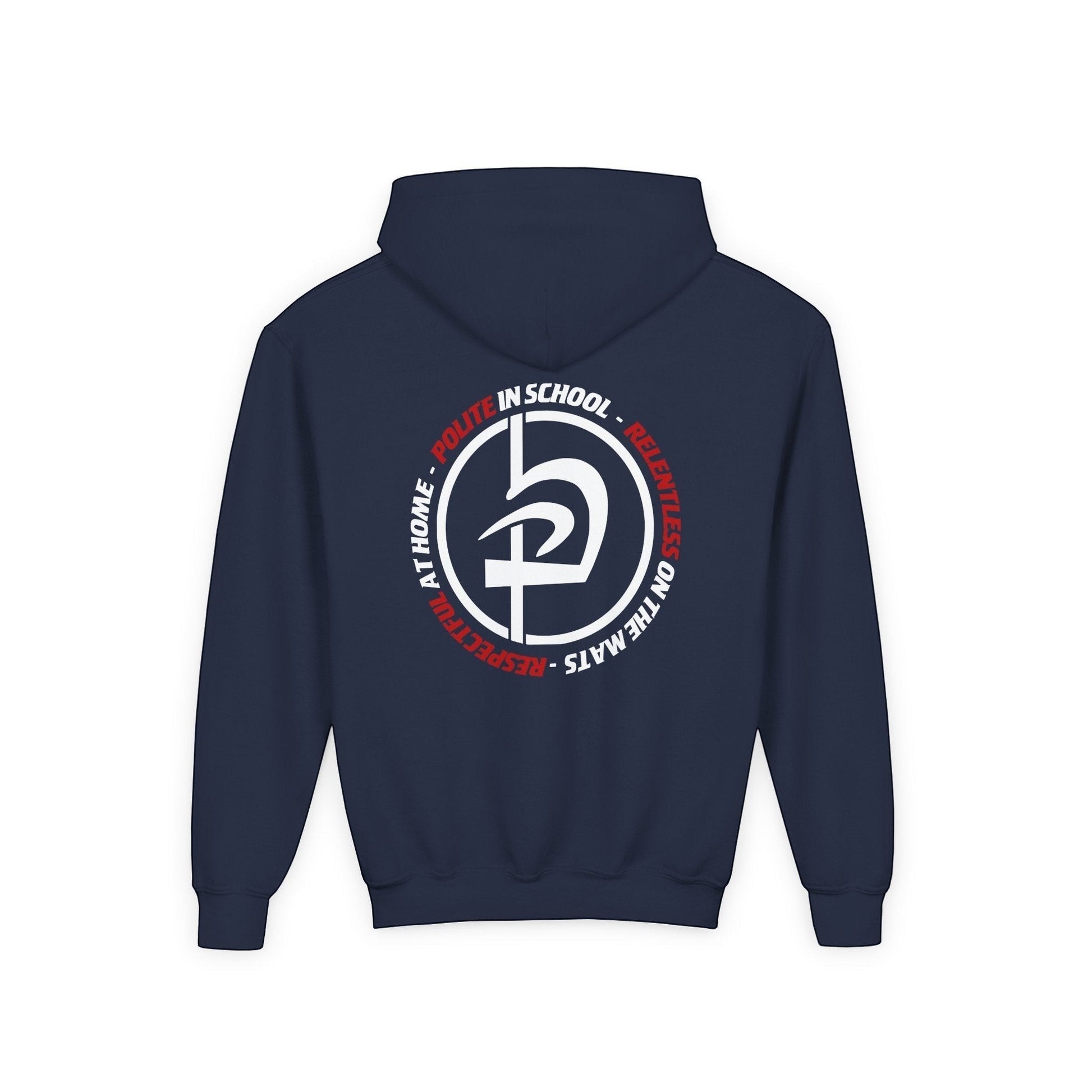 Immortal Krav Maga youth navy blue hoodie with 'Polite Respectful Relentless' graphic on back. 50/50 cotton-poly.