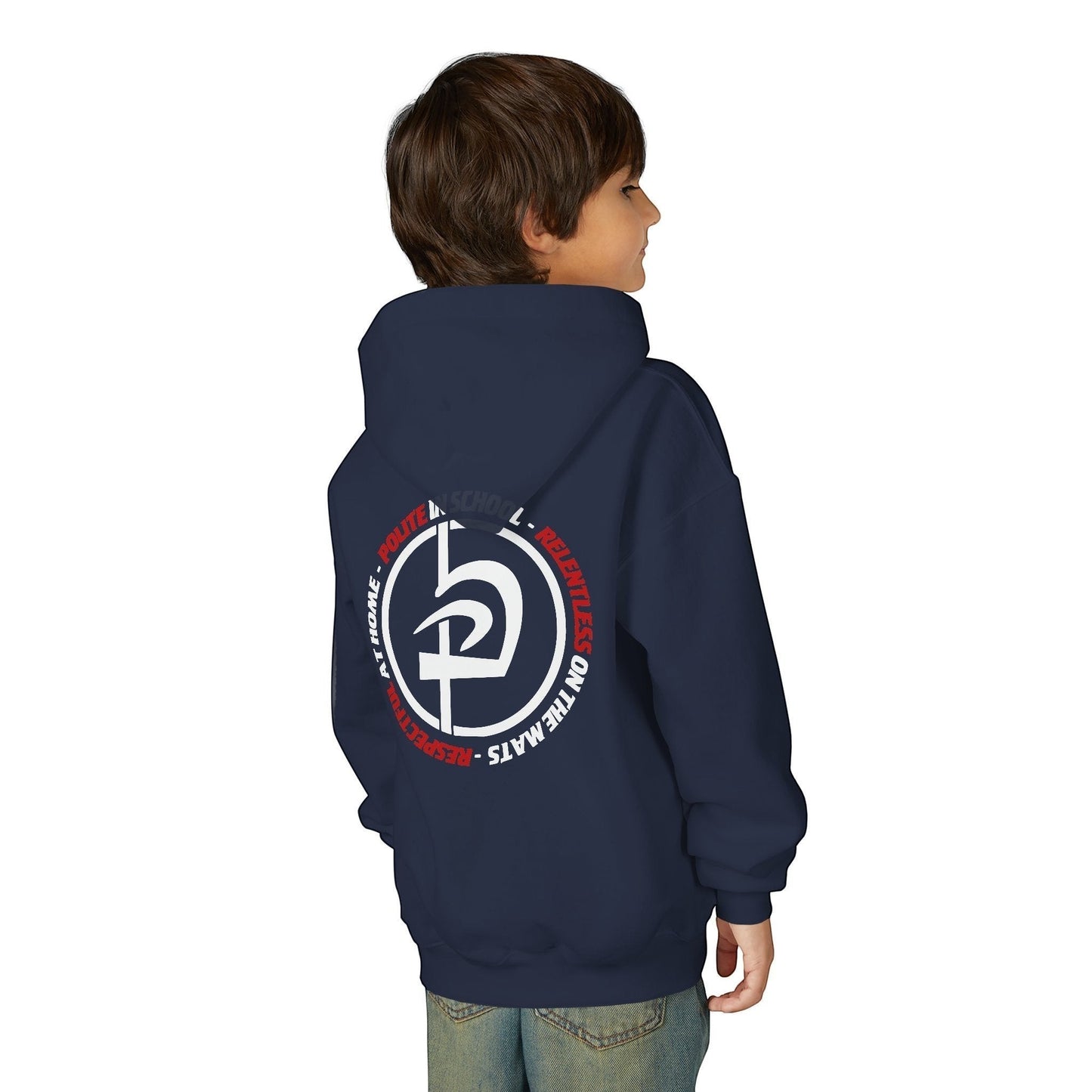 Immortal Krav Maga youth navy blue hoodie with 'Polite Respectful Relentless' graphic on back. 50/50 cotton-poly.
