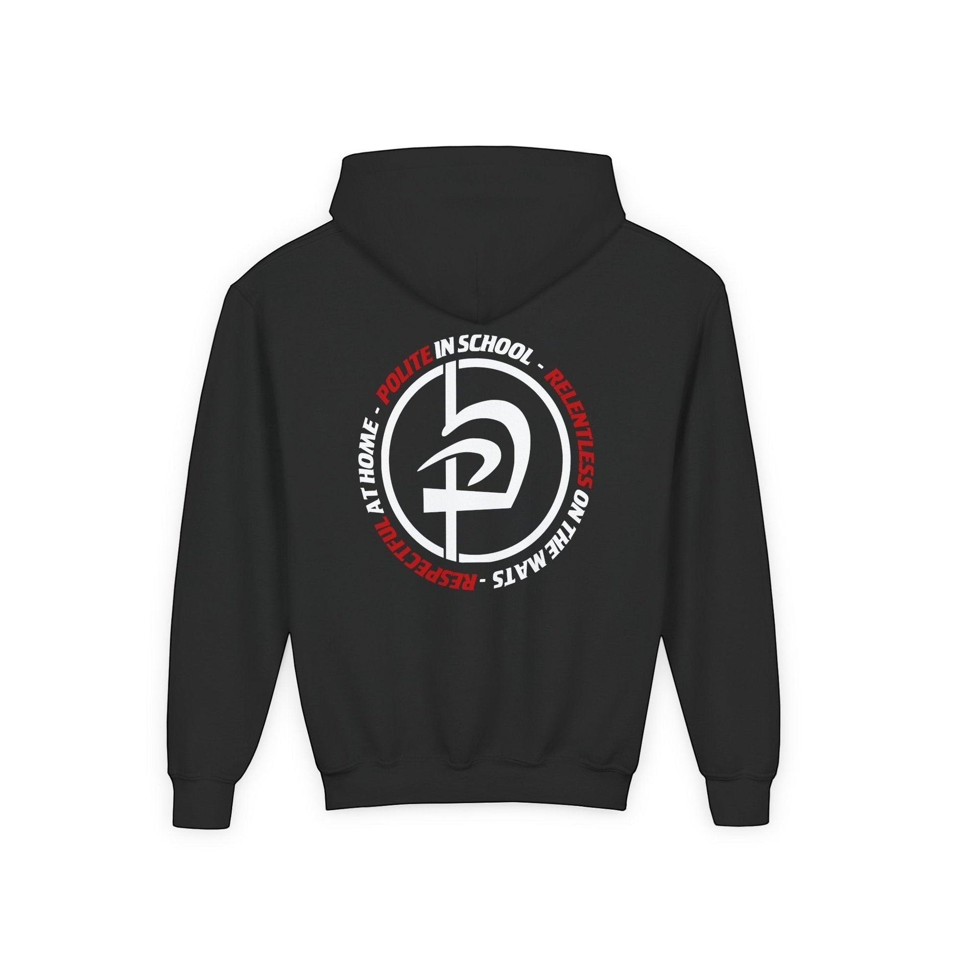 Immortal Krav Maga youth black hoodie with 'Polite Respectful Relentless' graphic on back. 50/50 cotton-poly.
