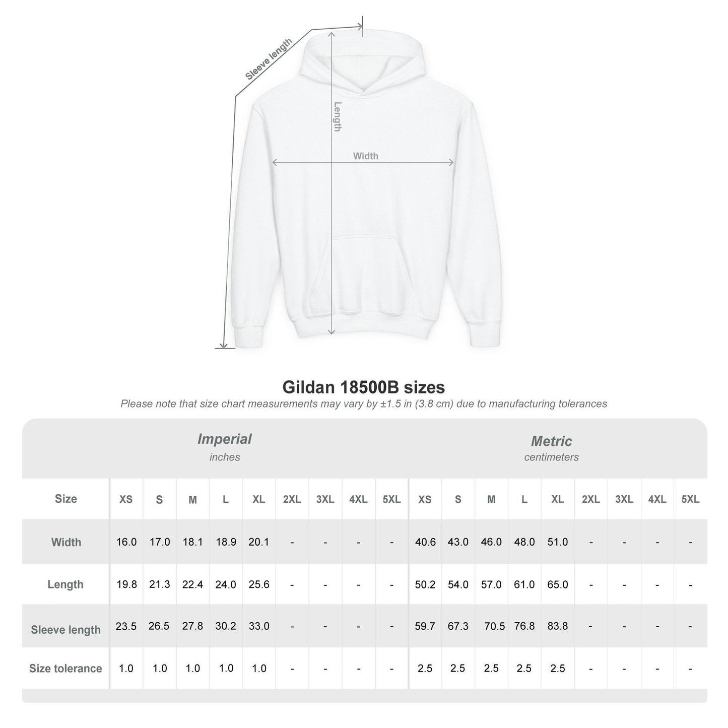 Immortal Krav Maga youth hoodie size chart with Imperial and Metric measurements for width, length, and sleeve length.