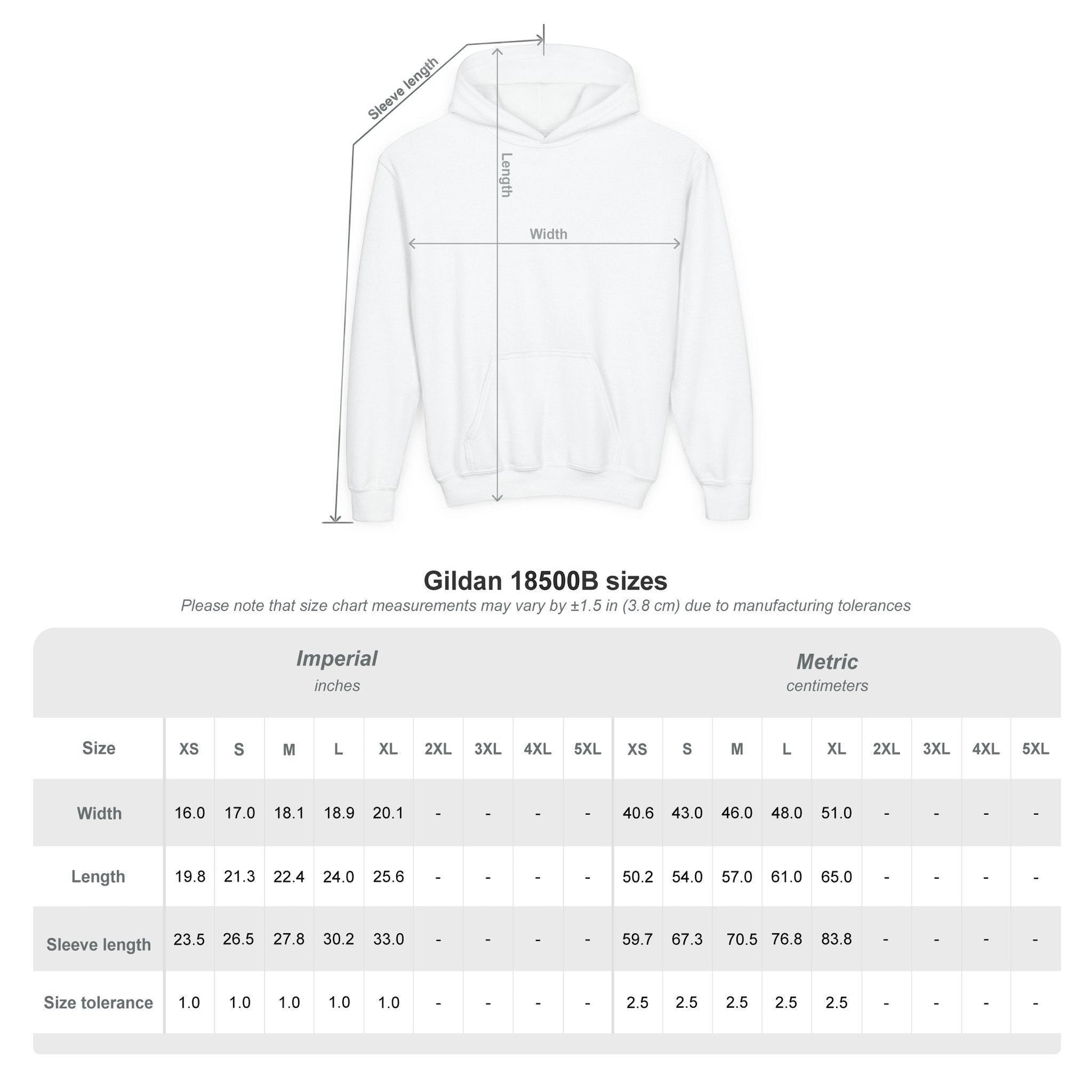 Immortal Krav Maga youth hoodie size chart with Imperial and Metric measurements for width, length, and sleeve length.
