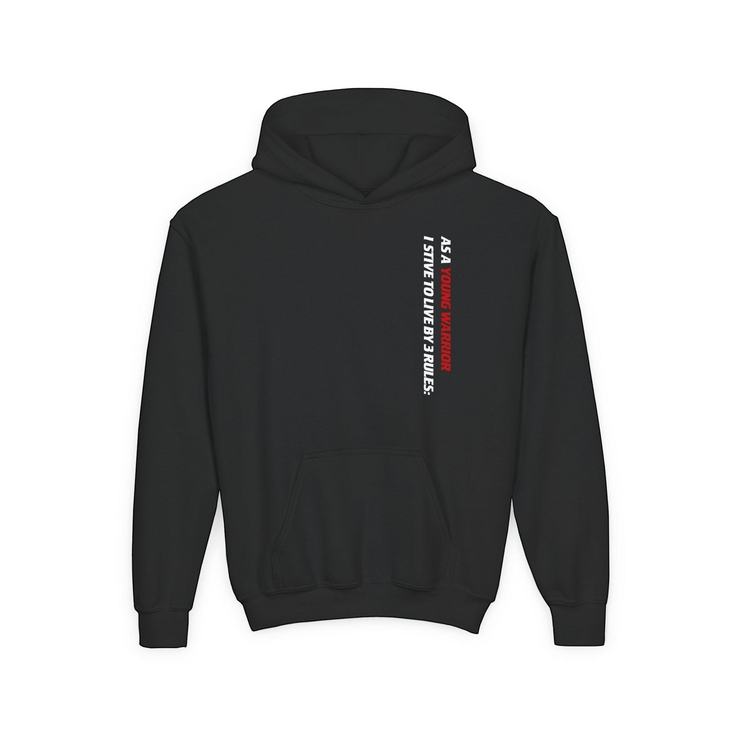 Immortal Krav Maga black youth hoodie with 'As a Young Warrior I Strive to Live by 3 Rules' text on the back.