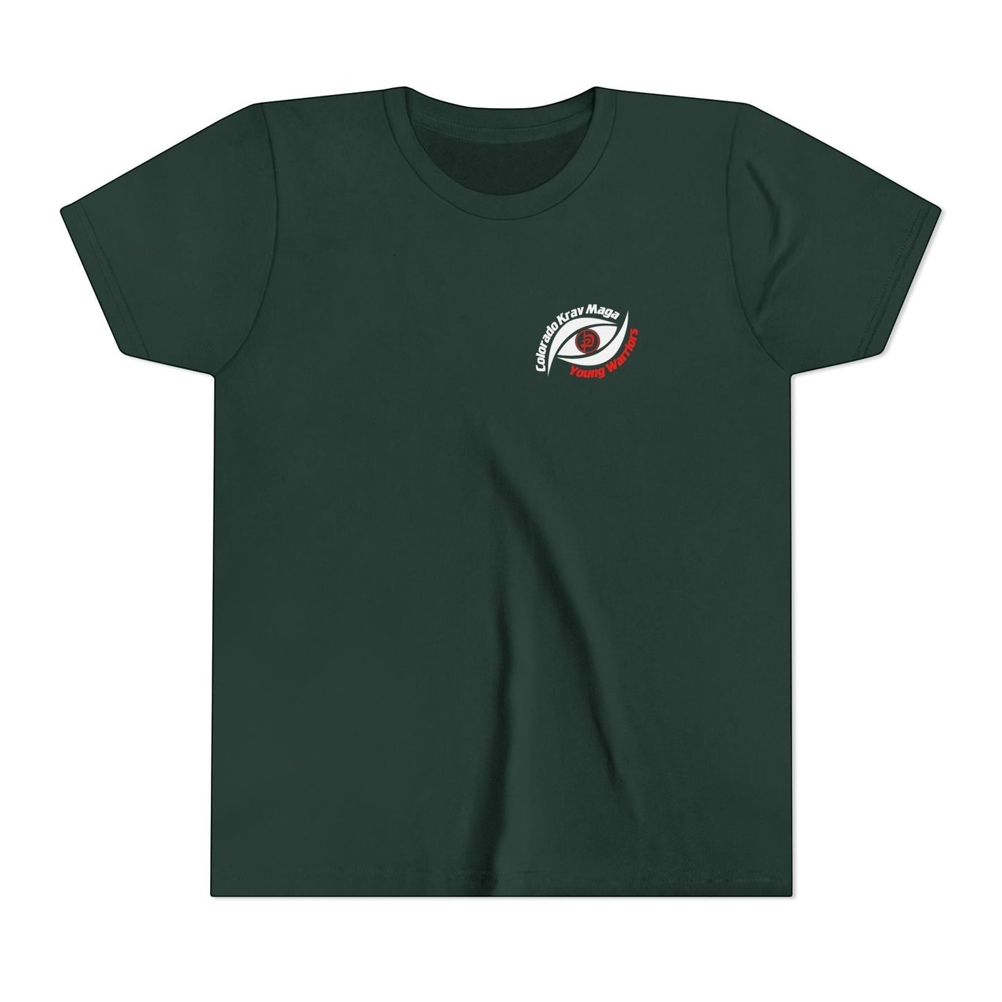 Immortal Krav Maga youth black 100% cotton t-shirt with 'Colorado Krav Maga Young Warriors' eye graphic on chest.