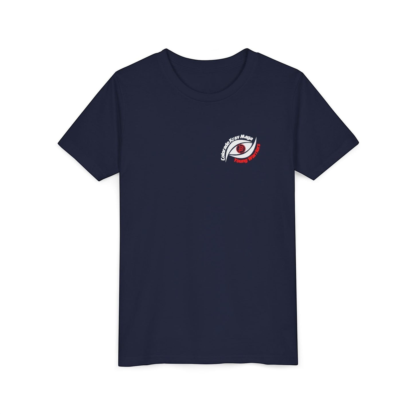 Immortal Krav Maga youth black 100% cotton t-shirt with 'Colorado Krav Maga Young Warriors' eye graphic on chest.