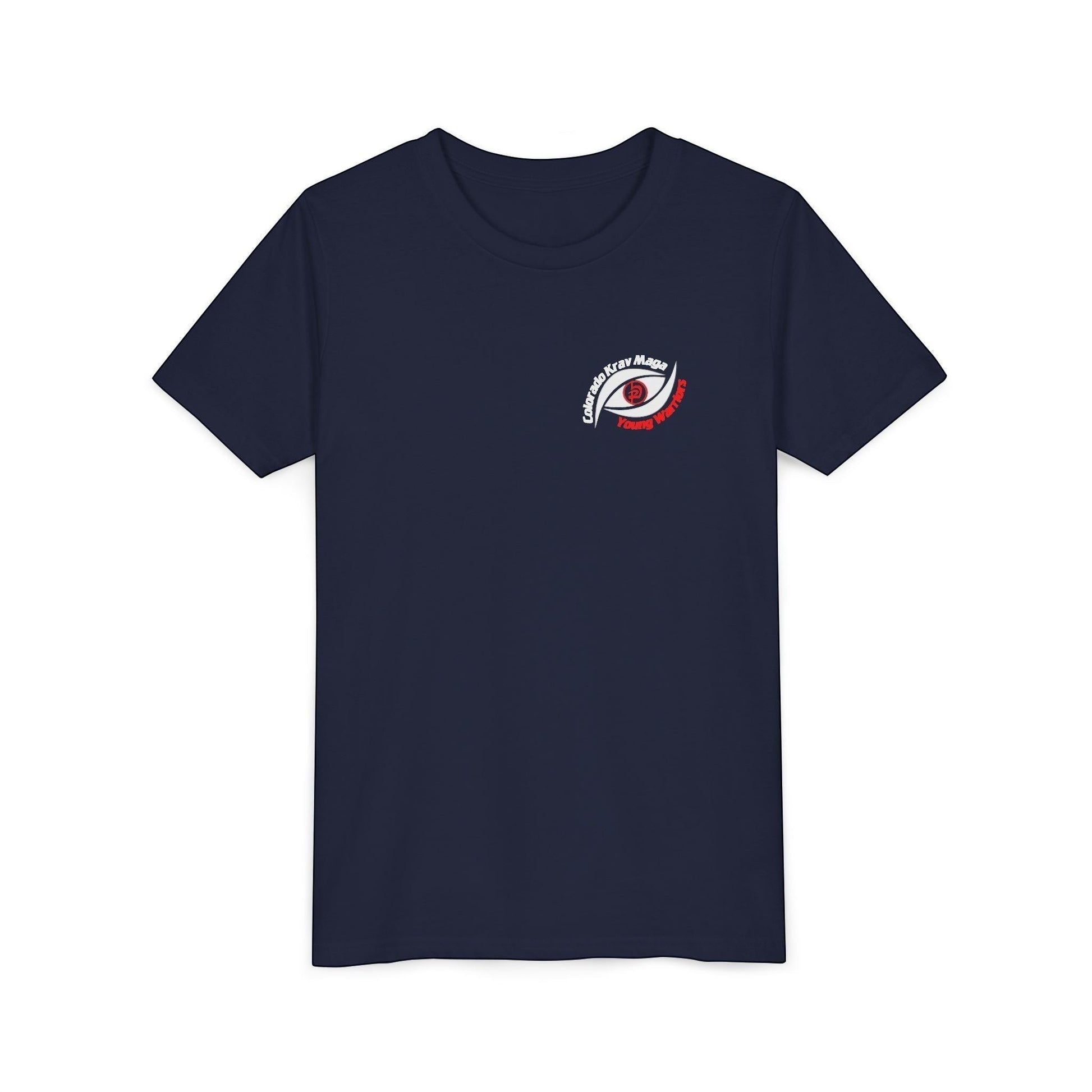 Immortal Krav Maga youth black 100% cotton t-shirt with 'Colorado Krav Maga Young Warriors' eye graphic on chest.