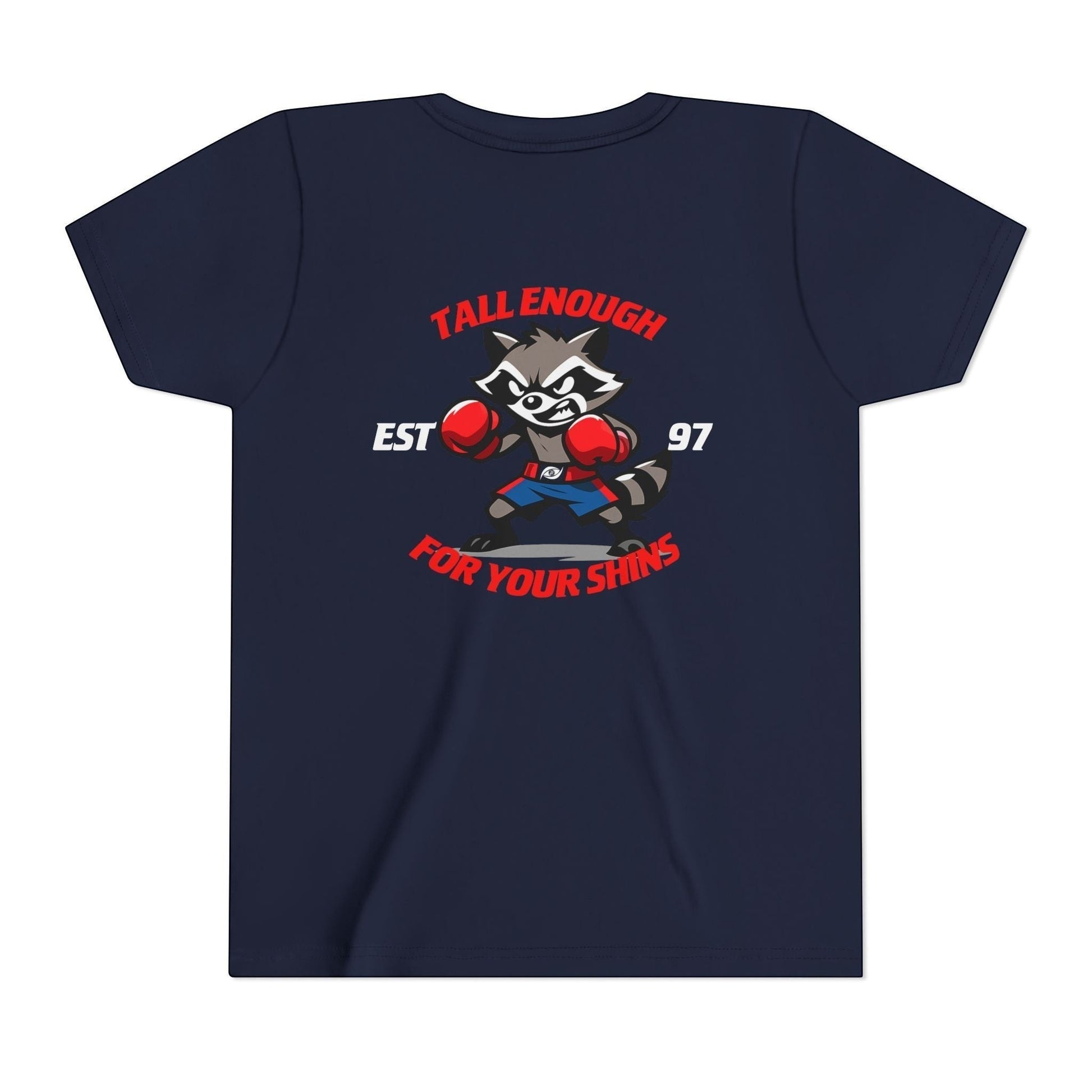 Immortal Krav Maga youth navy blue 100% cotton t-shirt with a cartoon raccoon boxer graphic and text "Tall Enough For Your Shins"