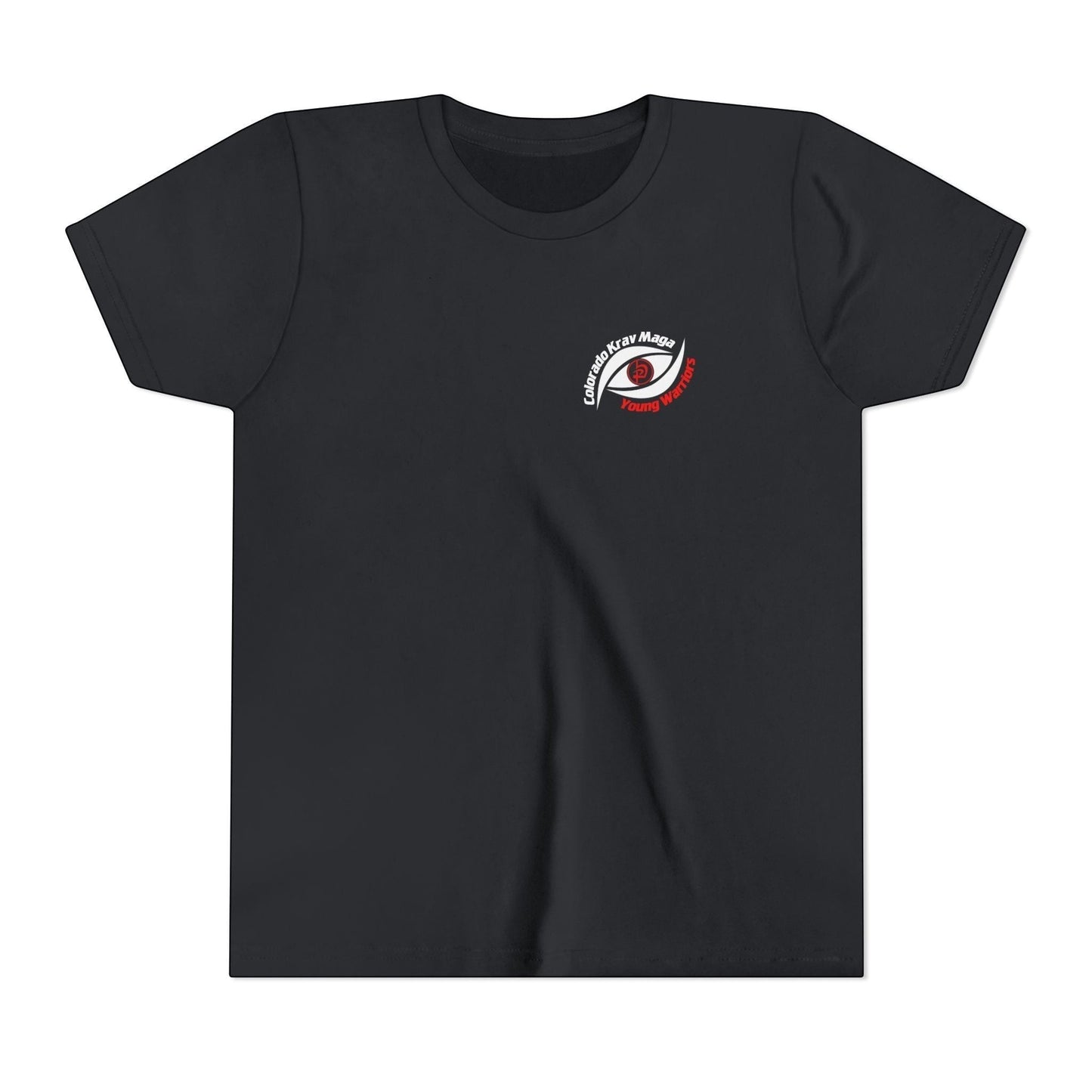 Immortal Krav Maga youth black 100% cotton t-shirt with 'Colorado Krav Maga Young Warriors' eye graphic on chest.