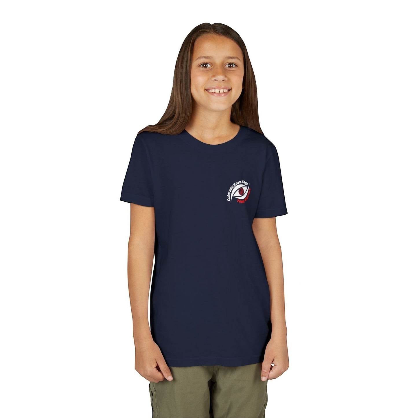 Immortal Krav Maga youth black 100% cotton t-shirt with 'Colorado Krav Maga Young Warriors' eye graphic on chest.