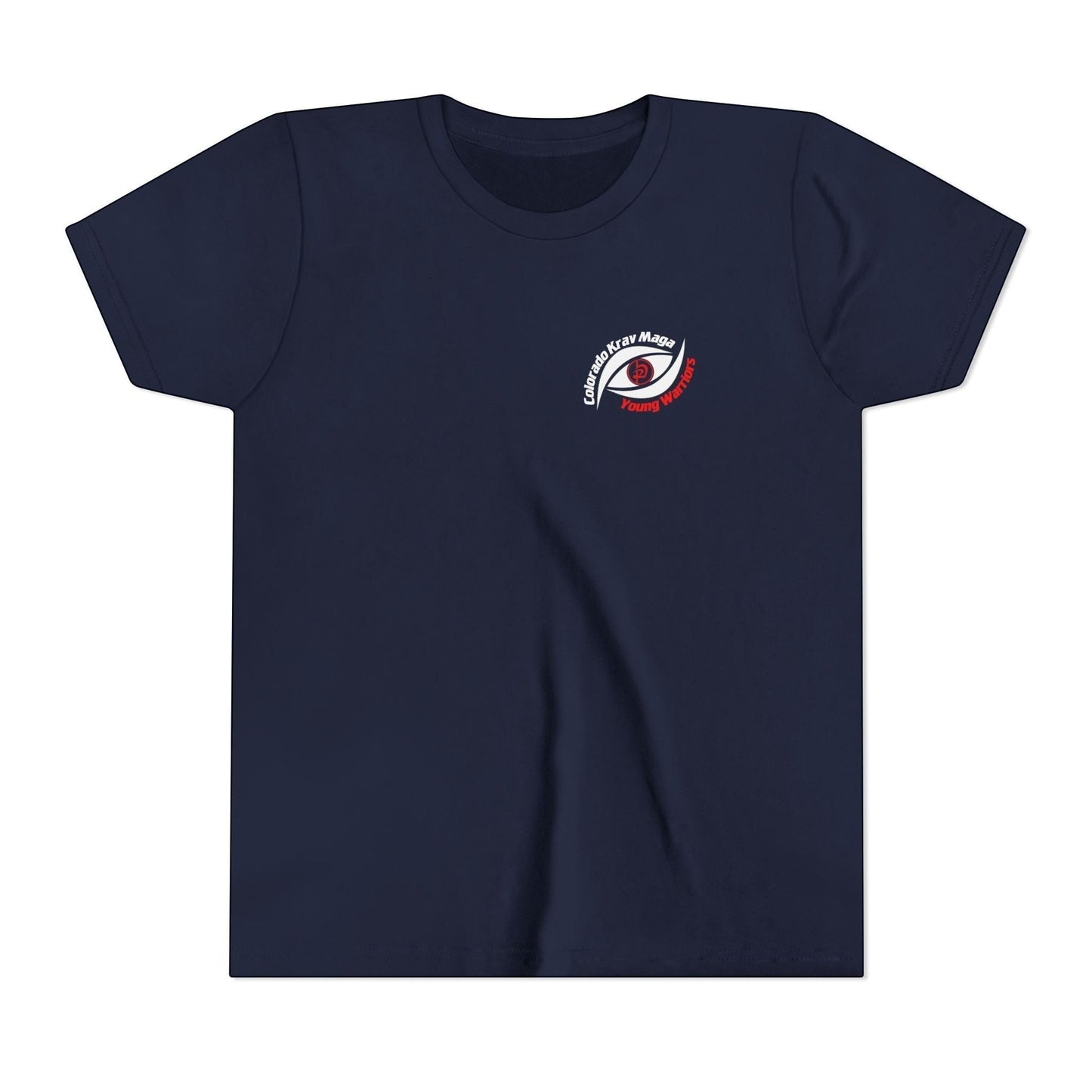 Immortal Krav Maga youth black 100% cotton t-shirt with 'Colorado Krav Maga Young Warriors' eye graphic on chest.