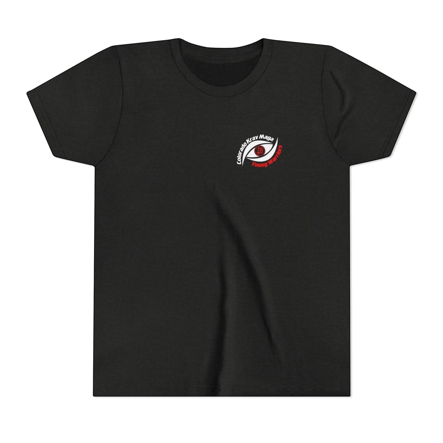 Immortal Krav Maga youth black 100% cotton t-shirt with 'Colorado Krav Maga Young Warriors' eye graphic on chest.