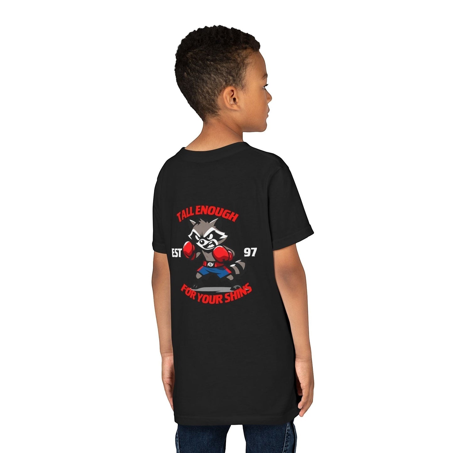 Immortal Krav Maga youth black 100% cotton t-shirt with 'Colorado Krav Maga Young Warriors' eye graphic on chest.