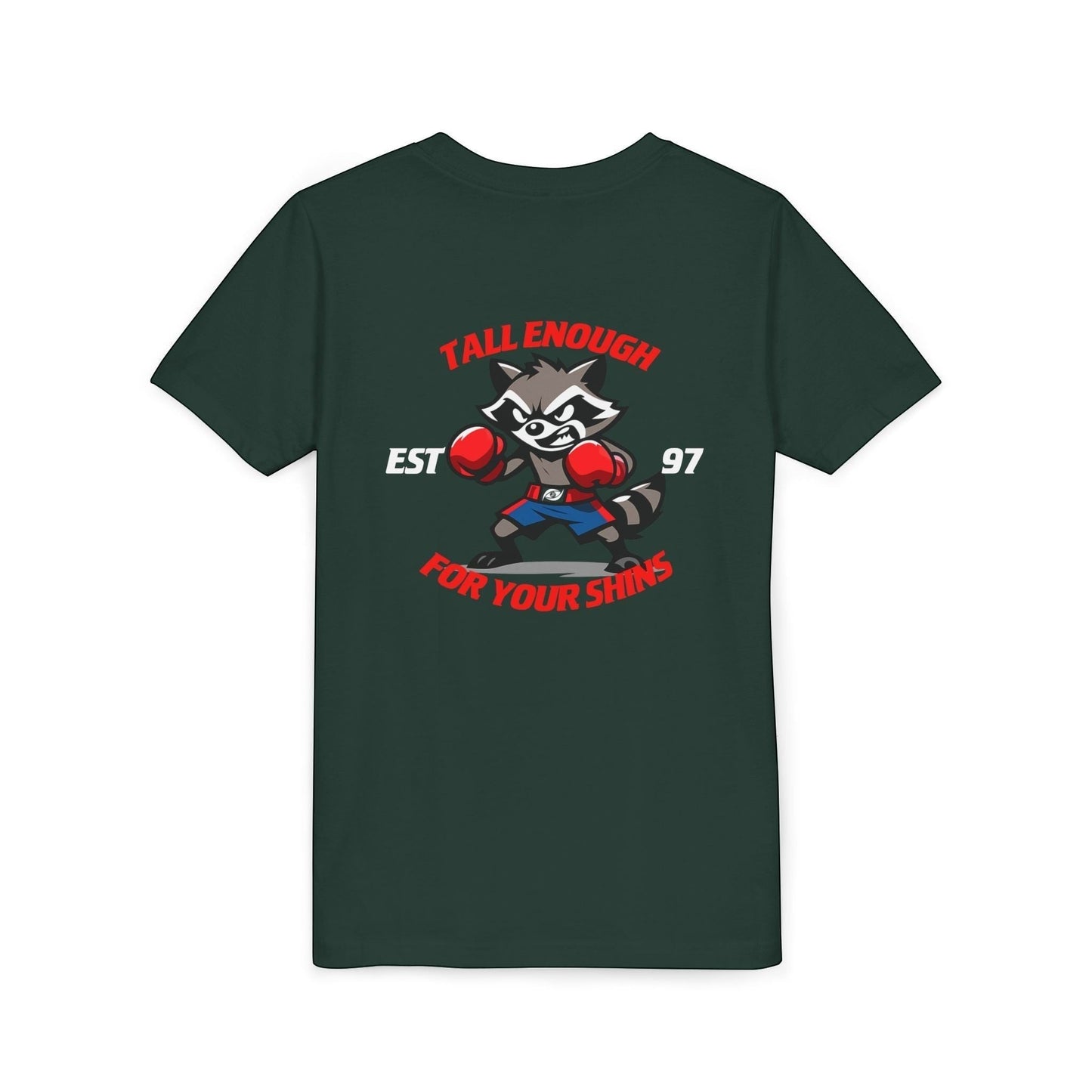 Immortal Krav Maga youth tee in dark green cotton with a graphic of a raccoon boxer. "Tall Enough For Your Shins" text.