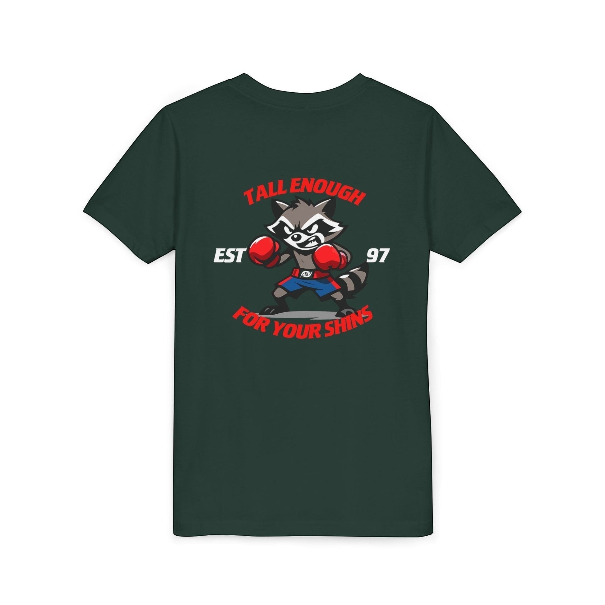 Immortal Krav Maga youth tee in dark green cotton with a graphic of a raccoon boxer. "Tall Enough For Your Shins" text.