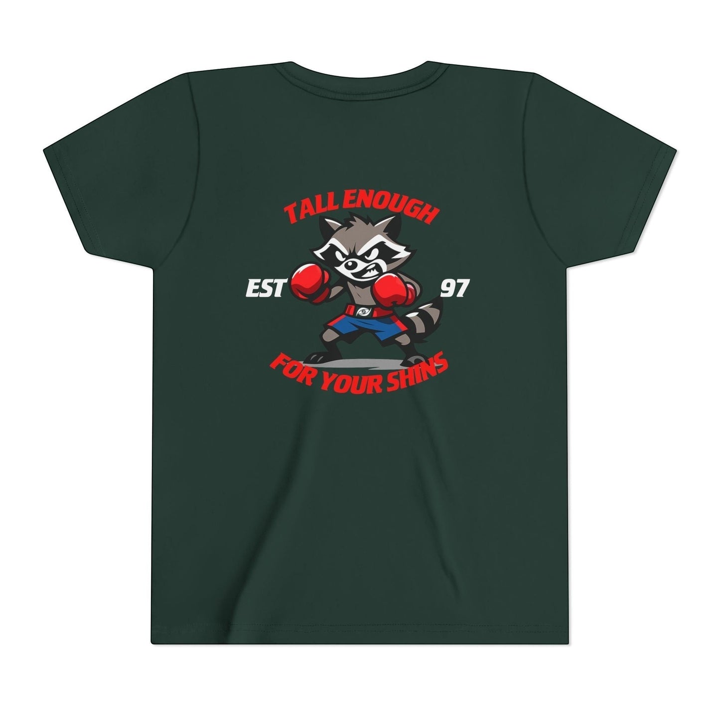 Immortal Krav Maga youth tee in dark green, featuring a cartoon raccoon boxer with red gloves and blue shorts, text reads "Tall Enough For Your Shins"