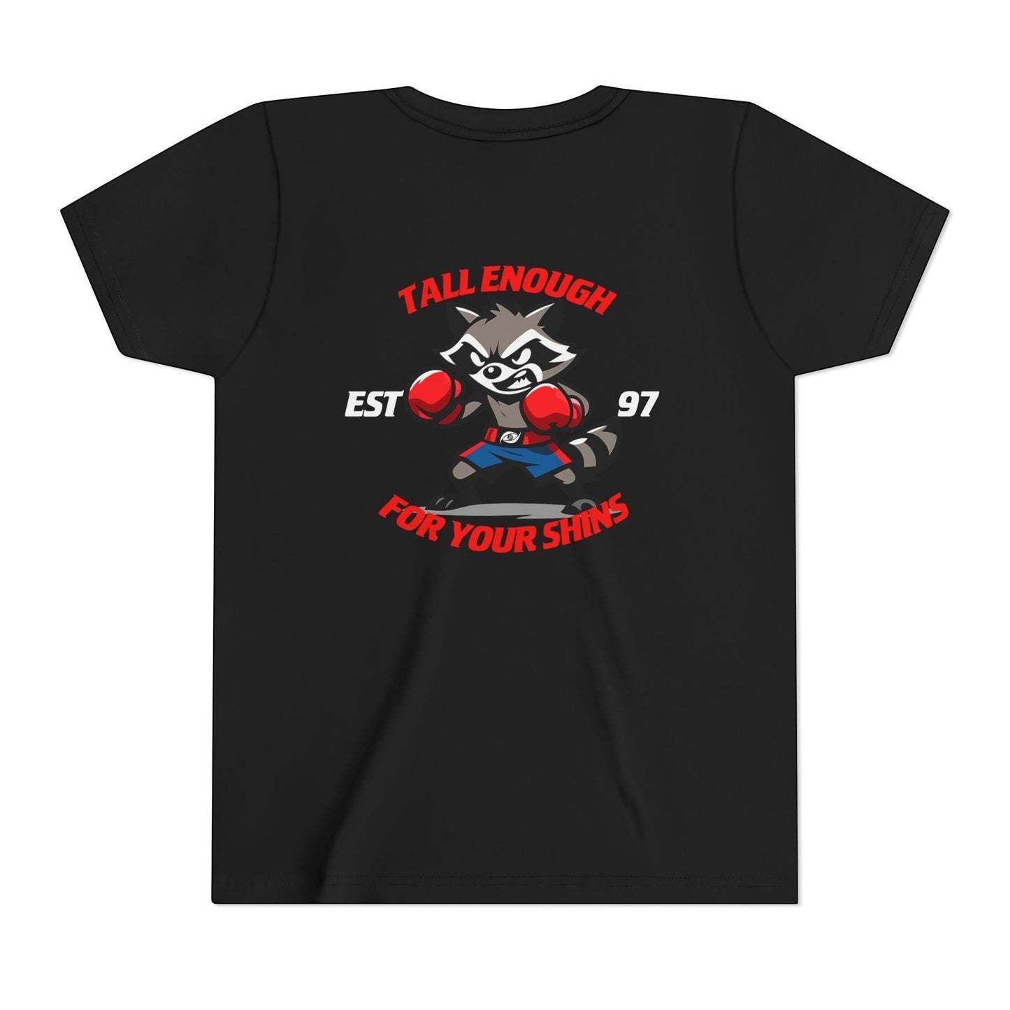 Immortal Krav Maga youth black 100% cotton t-shirt with a cartoon raccoon boxer graphic and text "Tall Enough For Your Shins."