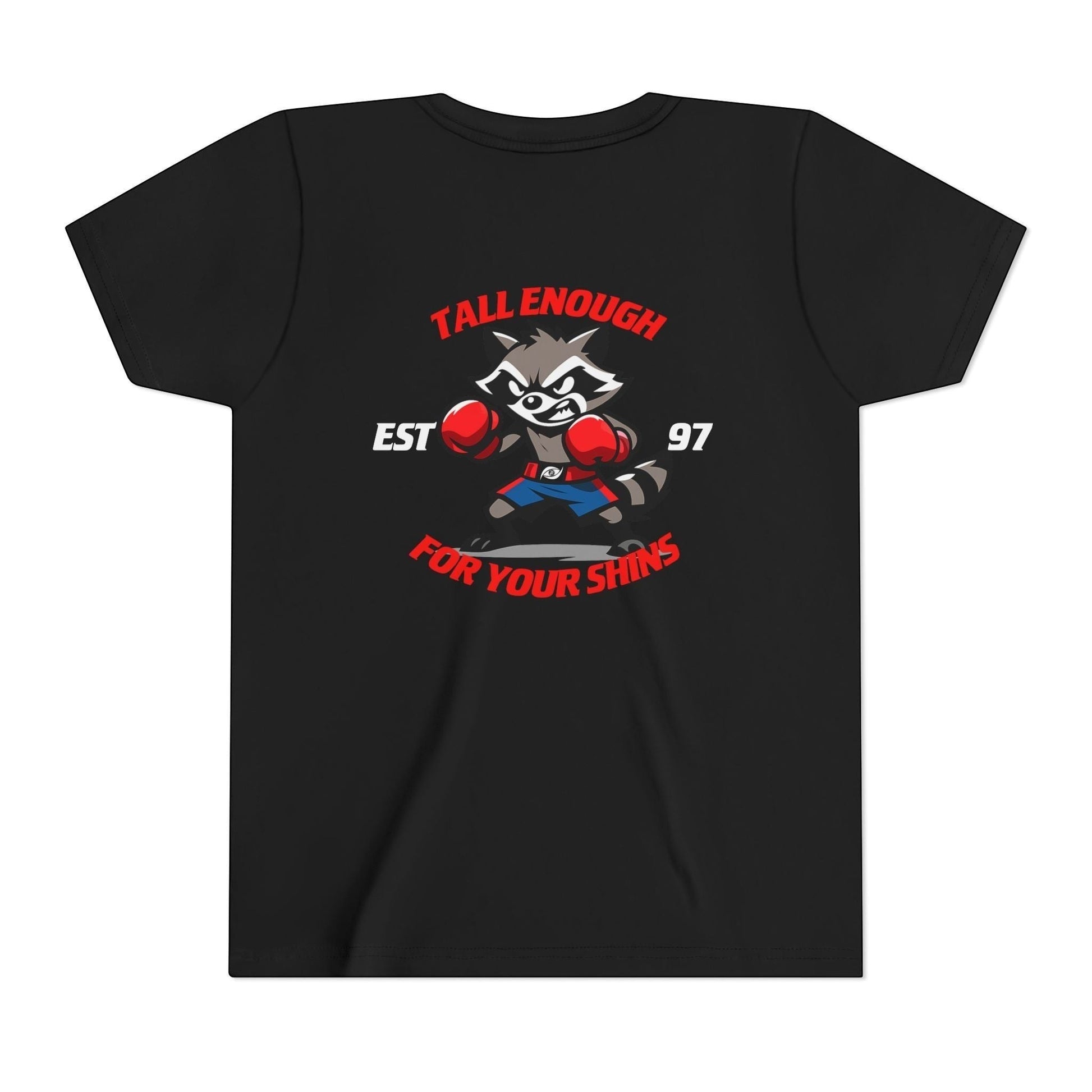 Immortal Krav Maga youth black 100% cotton t-shirt with a cartoon raccoon boxer graphic and text "Tall Enough For Your Shins."