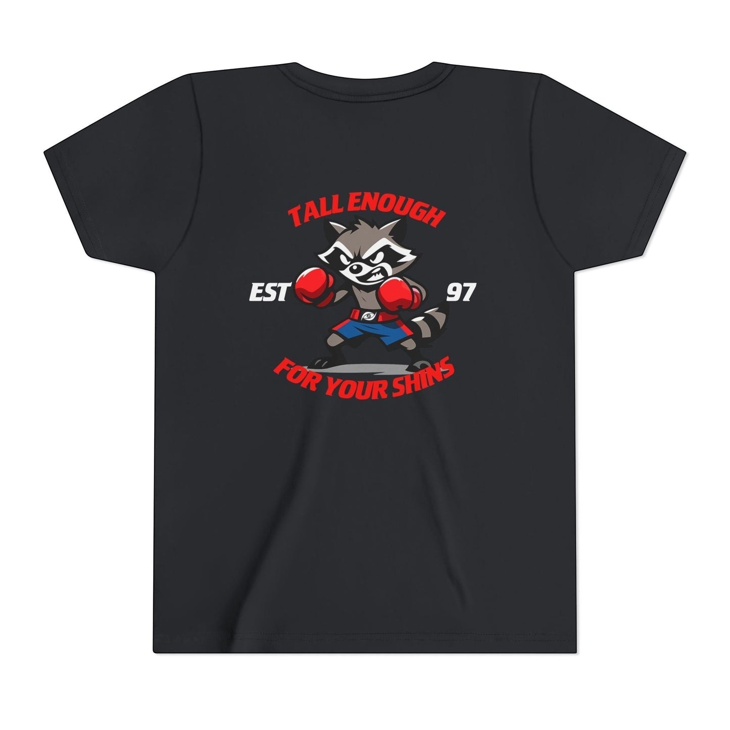 Immortal Krav Maga youth black 100% cotton t-shirt with a graphic of a raccoon wearing boxing gloves and shorts.