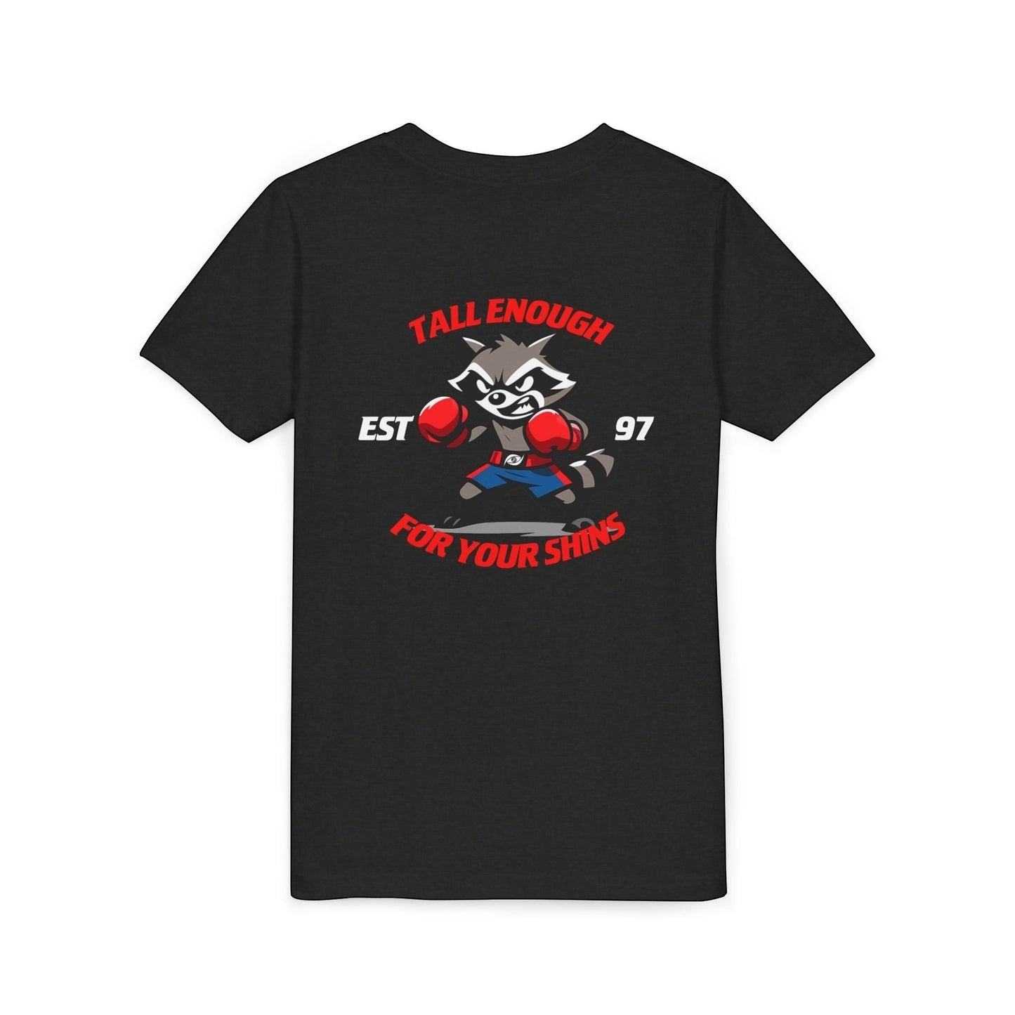 Immortal Krav Maga black youth cotton t-shirt with a cartoon raccoon wearing boxing gloves and shorts, ready to fight.
