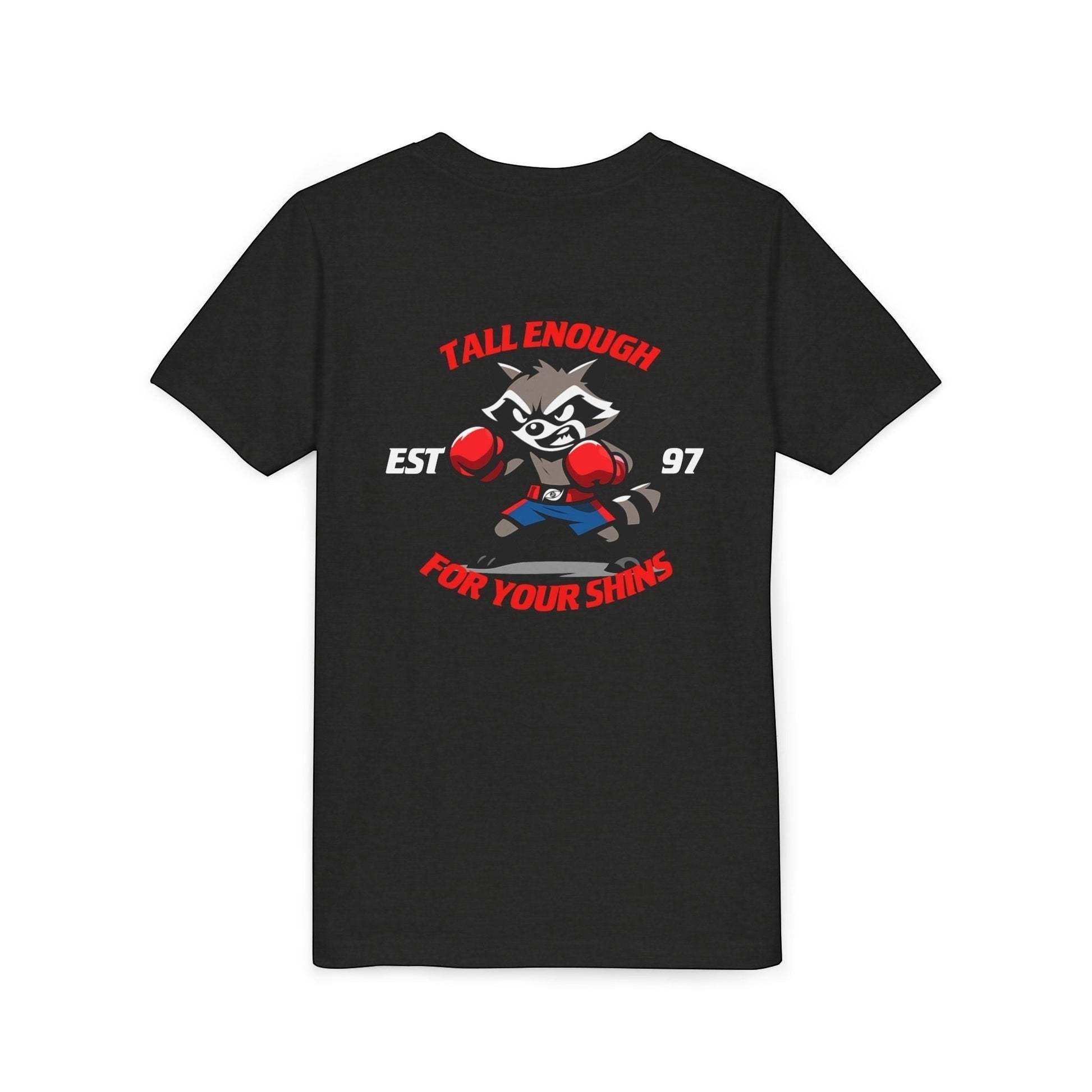 Immortal Krav Maga black youth cotton t-shirt with a cartoon raccoon wearing boxing gloves and shorts, ready to fight.