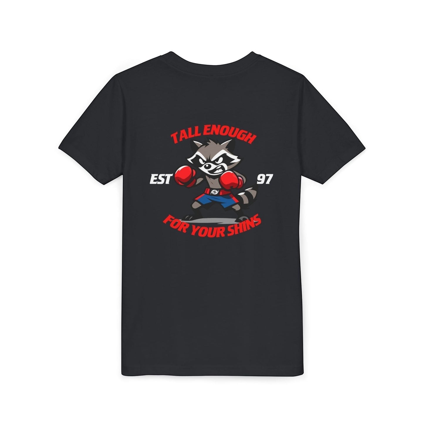 Immortal Krav Maga black youth t-shirt with a graphic of a raccoon wearing boxing gloves and shorts, with text "TALL ENOUGH FOR YOUR SHINS"