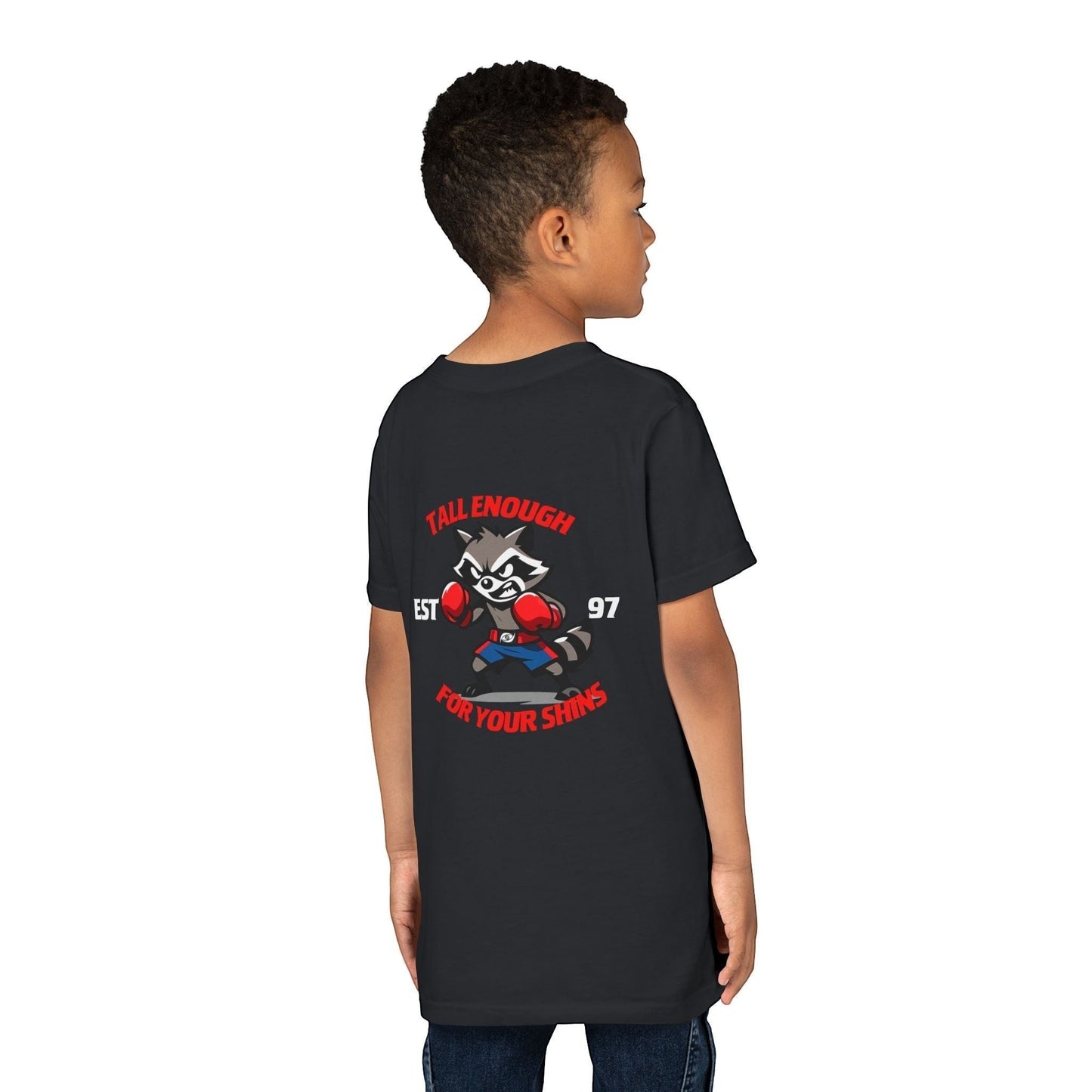 Immortal Krav Maga black 100% cotton youth t-shirt with a boxing raccoon graphic and "Tall Enough For Your Shins" text.