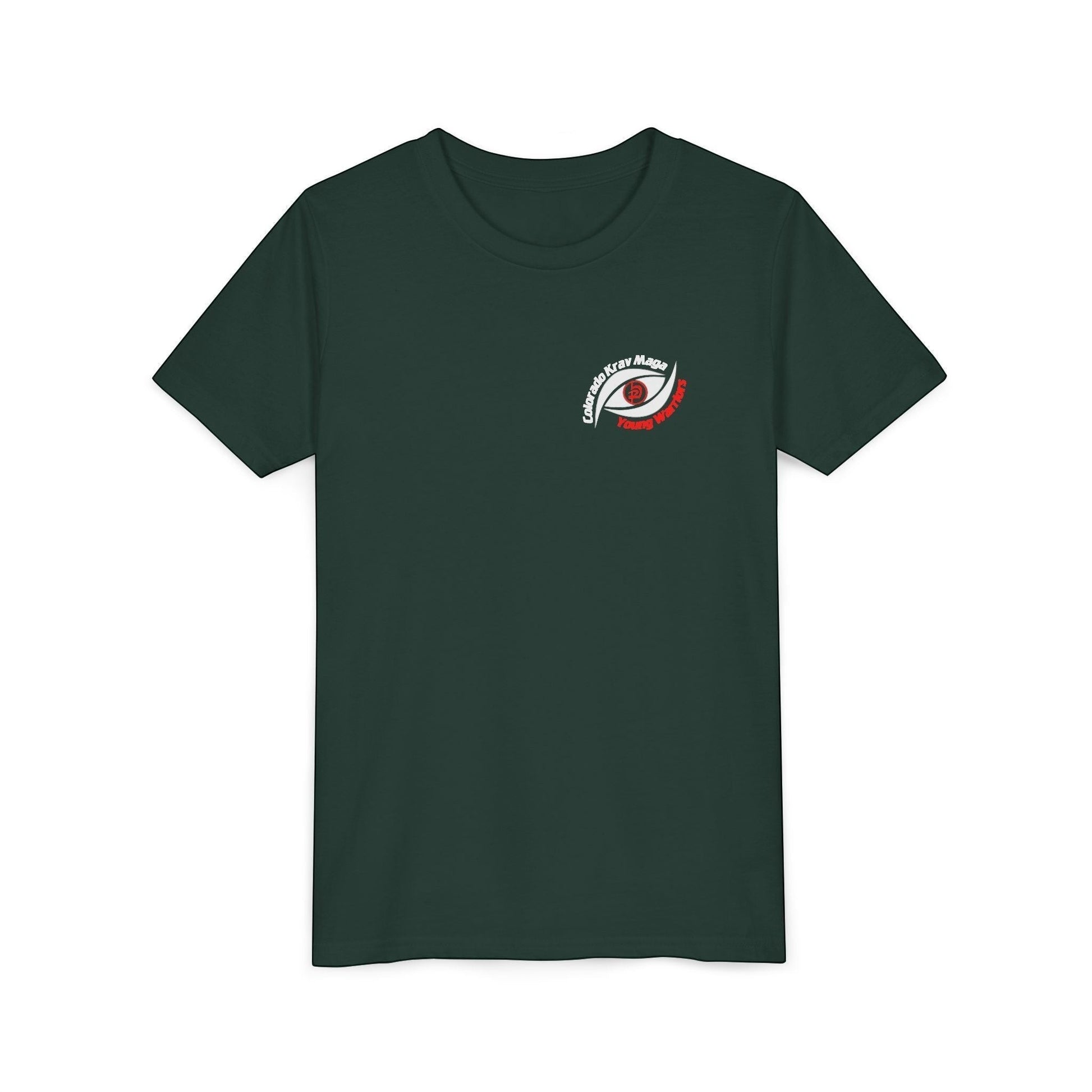 Immortal Krav Maga youth tee in dark green, 100% cotton, featuring a small embroidered eye graphic with text.