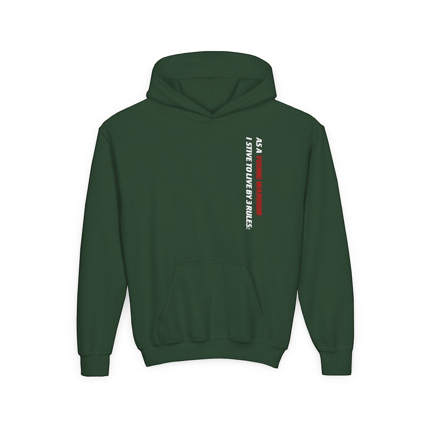 Immortal Krav Maga dark green youth hoodie with 'As a Young Warrior I Strive to Live by 3 Rules' text on the chest.